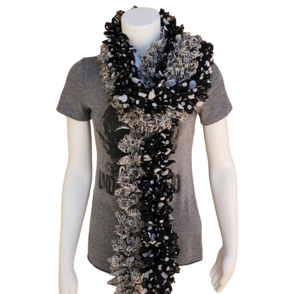 Vintage Handmade Chiffon Pom Pom Scarf Two Scarves Shreds Polka Dots US Cities - Picture 4 of 16
